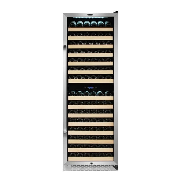 Whynter 164 Bottle 15 Shelf Lockable Dual Zone Wine Fridge, Black and Steel