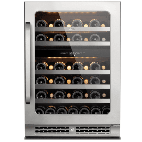 Whynter Dual Zone Wine Fridge:  24 inch 46 Bottles 40-65 °F Wine Refrigerator Glass Door,  Freestanding for Office/Bar