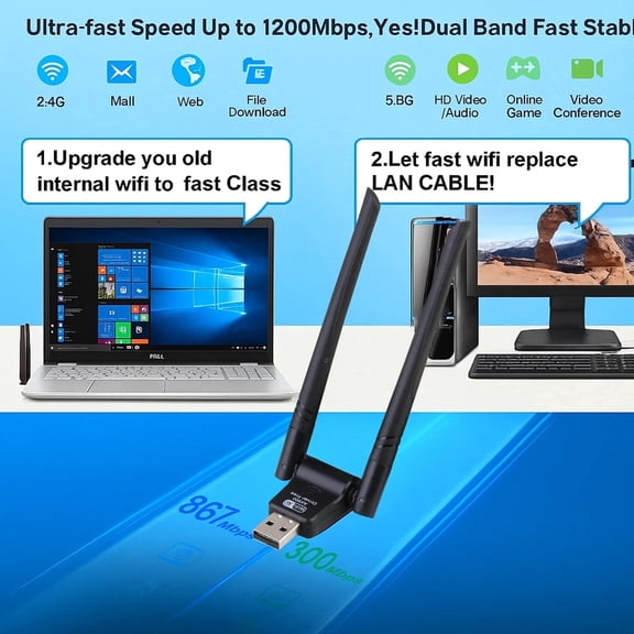 Wifi 6 USB Adapter AX900Mbps, Dual Band USB 3.0 Wireless Network Card with 2 External Antennas, Free Driver for Online Gaming/4K Streaming/Remote Work