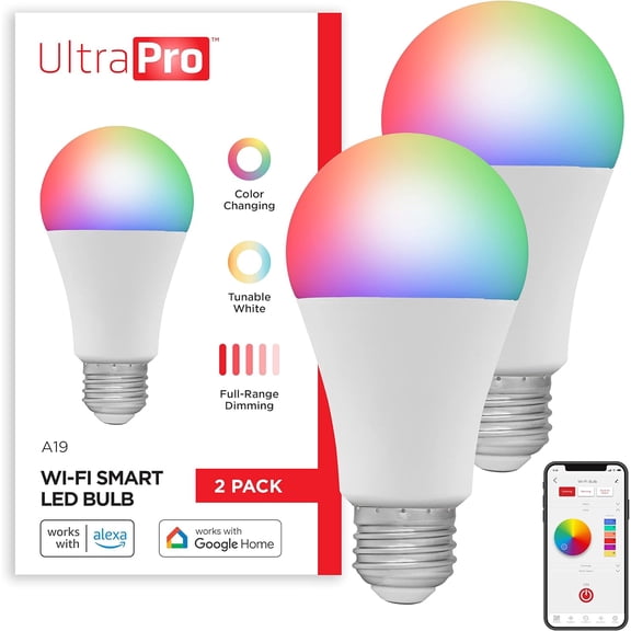 Wi-Fi LED Smart Light Bulb, A19, 60W Equivalent, RGB, Color Changing, White Select Tunable 2700K - 6500K, Dimmable, 2.4GHz Router Required, Circadian Rhythm, Easy-to-Use App, 2 Pack, 51449