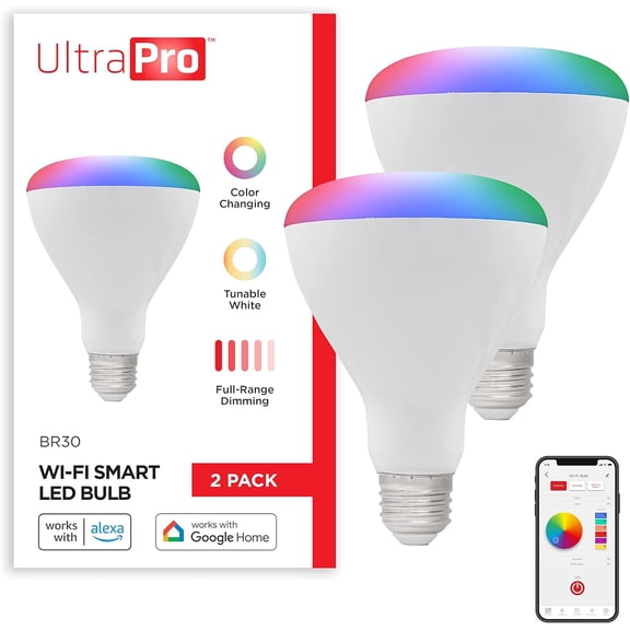 Wi-Fi LED Smart Light Bulb, BR30, 65W Equivalent, RGB, Color Changing, White Select Tunable 2700K - 6500K, Dimmable, 2.4GHz Router Required, Circadian Rhythm, Easy-to-Use App, 2 Pack, 51452