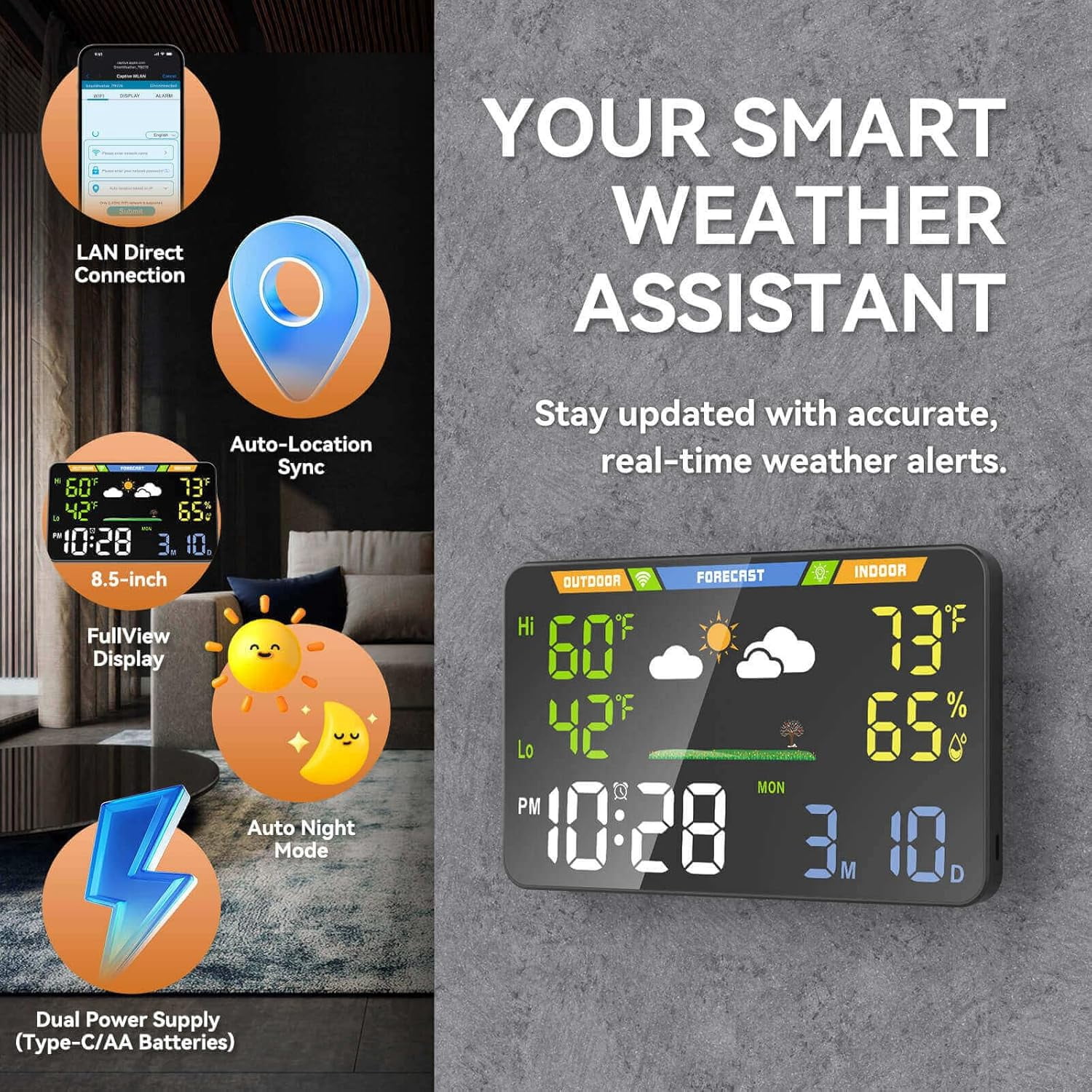 Wi-Fi Weather Station with Indoor Outdoor Temperature Humidity Monitor Wireless Forecast Display Digital Alarm Clock