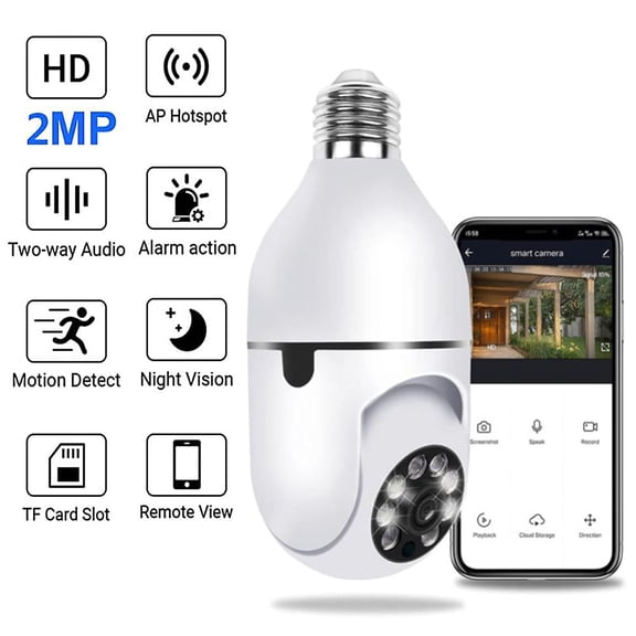 WiFi 1080P Bulb Security Camera 360 Degree Panoramic Home Surveillance Smart System (1.9 Inches / 5.0 cm)