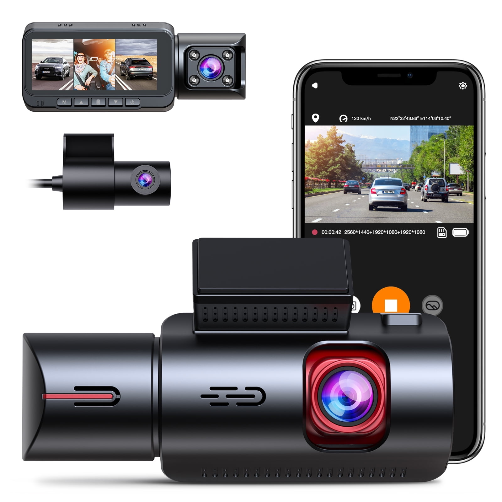  Car Camera 3-Channel KWiFi dashcam, 1080P Front and Rear +  Interior, with Gravity Sensing, 2 IPS Screen, Night Vision Ring Recording  170° Wide Angle WDR, Free 32GB Card : Electronics