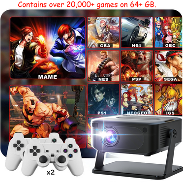 WiFi 6 Portable Projector with Bluetooth, 720P Native, 4K Input, Retro Game Stick with 20,000+ Games & 2 Controllers