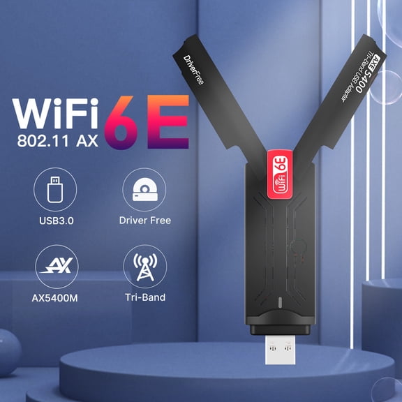 WiFi 6E USB Dongle, USB3.0, 5400Mbps, 2.4G/5G/6GHz, MU-MIMO, Driver Free for Win10/11