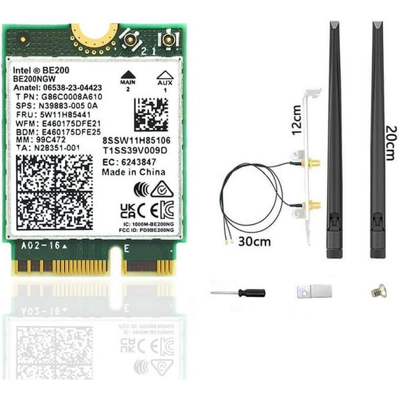 WiFi 7 BE200 NGW Wireless Card, Tri-Band 6GHz/5GHz/2.4GHz M.2 NGFF Bluetooth 5.4, Includes Ipex Cable, 8dBi Antennas and Brackets Support Windows 10/11(64 bit)/Linux, Not Support AMD. (with Antennas)