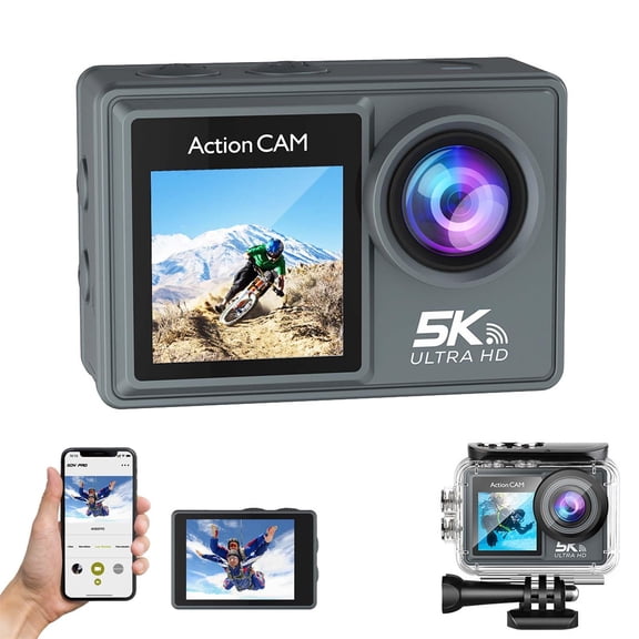 WiFi Action Camera, 5K Ultra HD Dual Screen Action Camera  50MP, 170° Wide Angle, 6Axis Stabilization, Mic & Remote for Outdoor Sports