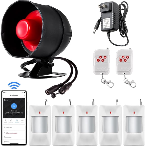 WiFi Alarm Home Security System, 120dB Alarm System with Motion Sensor and Remote Control, WiFi Siren for Shed Garage Alarm