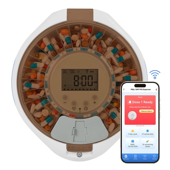 WiFi Automatic Pill Dispenser with Care Monitoring, Up to 9 Doses Per Day, Safety Lock with Sound & Light Reminders for Seniors, Dementia