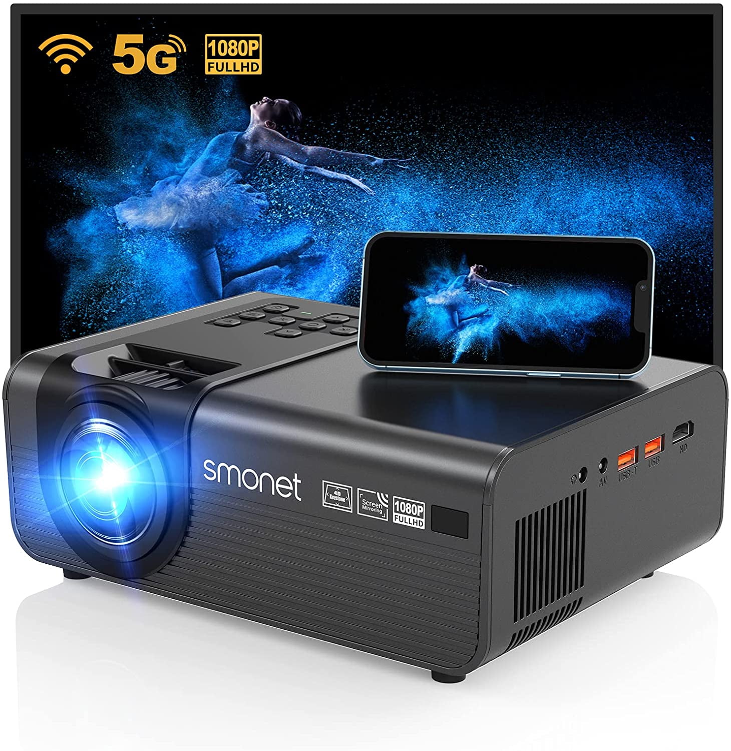 Proyector Wifi Bluetooth, 9500 Lúmenes Full Hd 1080p