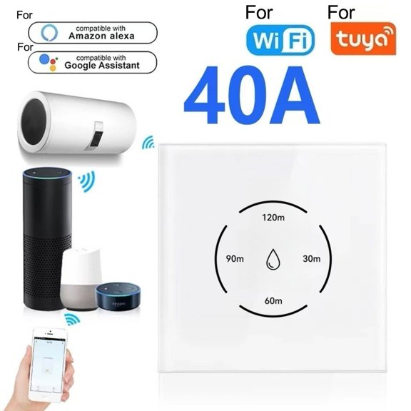 WiFi Bluetooth/Smart/Boiler Control Switch 40A Water Heater Touch Panel Compatible For Tuya Smart/Life App For Alexa, Energy Saving Timer And Safety Lock (White)