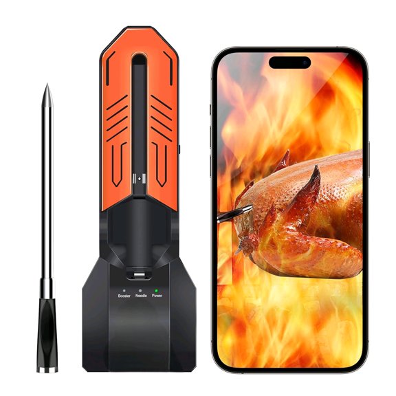 WiFi Bluetooth Wireless Meat Thermometer, Unlimited Range, 7 NIST Certified Accuracy Sensors with Ambient Temp Remote Monitoring for BBQ Grill, Oven, Smoker, Air Fryer (1, Black, Medium)