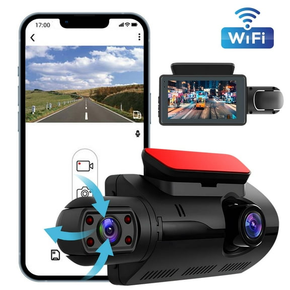 WiFi Car Dash Cam Video Recorder Dual Lens 1080p Front And Interior With 3.0 Inch Screen, Night Vision, Loop Recording, 150° Wide Angle, App Connection, Motion Detection, Easy Windshield Mount