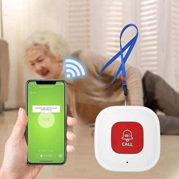 WiFi Caregiver Call Button for Elderly at Home – Portable Life Alert System with App Notification, No Monthly Fees, Indoor Use, Easy One-Touch Operation, Includes Lanyard