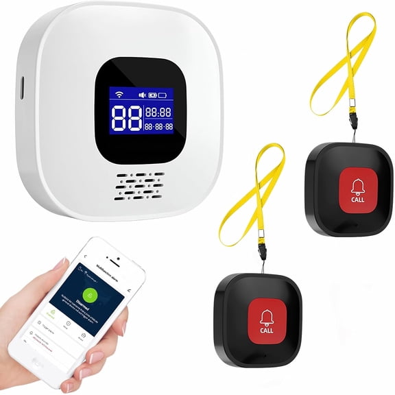 WiFi Caregiver Pager with No Monthly Fee - Smart Call System LED Display & App Alerts, 2 SOS Panic Buttons 1 Receiver, Emergency Alert for Elderly Home Care (2.4GHz Only)