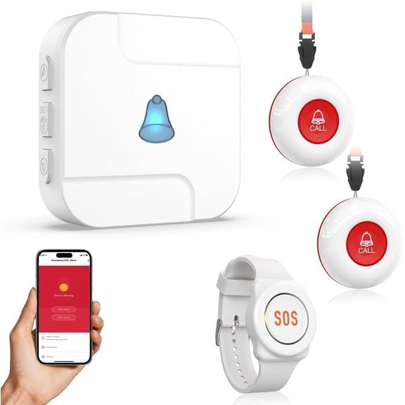 WiFi Caregiver Pager System with Emergency Button for Elderly - 1 SOS Alert Watch + 2 Wireless Call Buttons + 1 Receiver for Seniors Patient Disabled Kids (2.4GHz WiFi, No Monthly Fee)