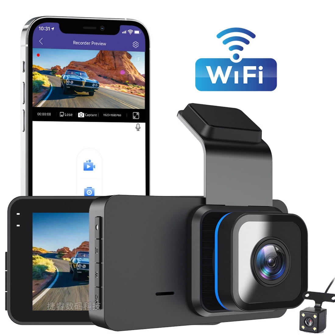 WiFi Dash Cam, 1920x1080P FHD, Front and Rear Dash Cam, Dual Cam, Car