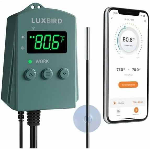 WiFi Digital Heat Mat Thermostat Controller, 32-113°F with Heating Cooling Mode, 365 Day Data Export, 1200W, High/Low Temp Alerts, Plug & Play for Reptile Seedling Brewing Breeding Greenhouse