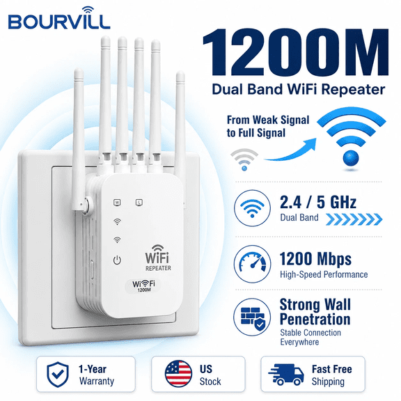 WiFi Extender 6-Antenna Strong Signal, 1200Mbps Dual Band (5GHz/2.4GHz) Booster