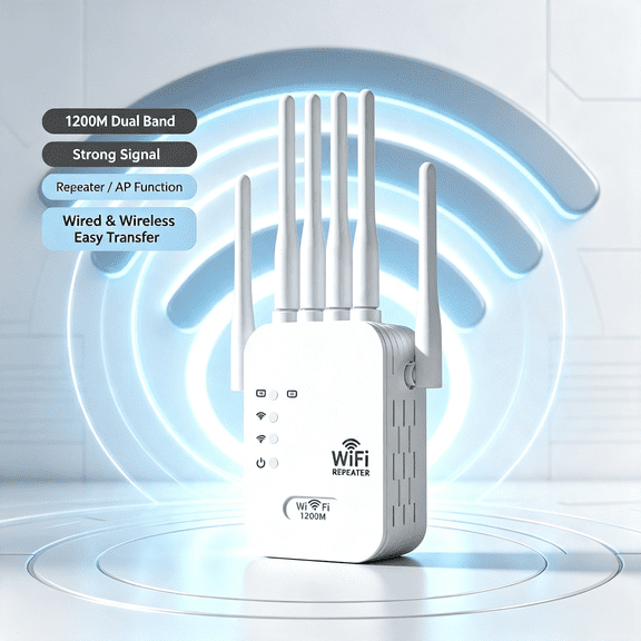 WiFi Extender with 6 Signal-Boosting Antennas, 1200Mbps Dual-Band Internet Range Extender for Home, 2.4GHz/5GHz WiFi Repeater, Ethernet Port, Access Point/Repeater Modes, Works with All Routers