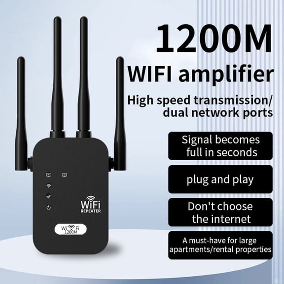 WiFi Extender Booster 1200Mbps Dual Band 5GHz/2.4GHz, 4 Antennas Wireless Signal Booster with US Plug, Wider Coverage Range Extender for Home Office