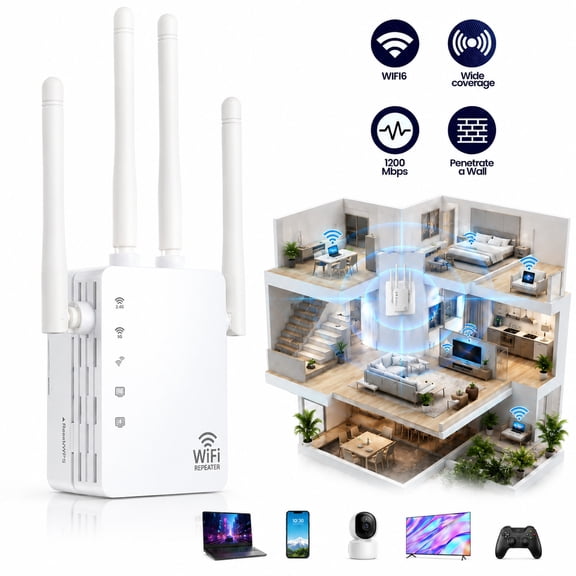 Rongsi WiFi Extender, WiFi Booster 1200Mbps Dual Band WiFi Extenders Signal Booster, WiFi Repeater with Ethernet Port Covers up to 12880sq. ft and 105 Devices,Internet Booster for Smart Home Devices
