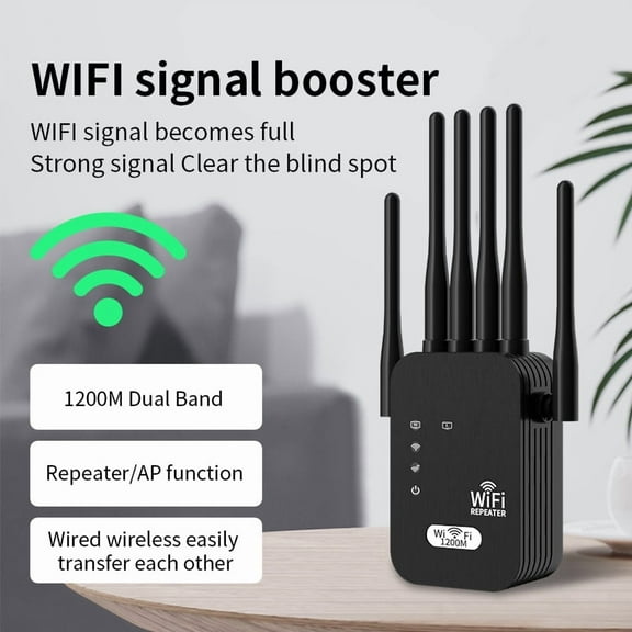 WiFi Extender Signal Booster 1200M Dual Band (2.4G+5G) with 6 High-Gain Antennas, Wireless Repeater/AP/Router 3-in-1, Wall-Penetrating Signal Amplifier for Home/Office, Easy Setup,Black