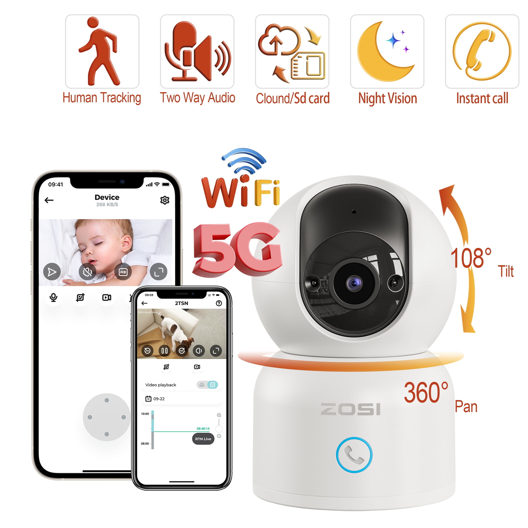 WiFi Indoor Security Camera, ZOSI 2K Baby/Pet Monitor, 5G/2.4GHz DualBand Smart Camera, PTZ