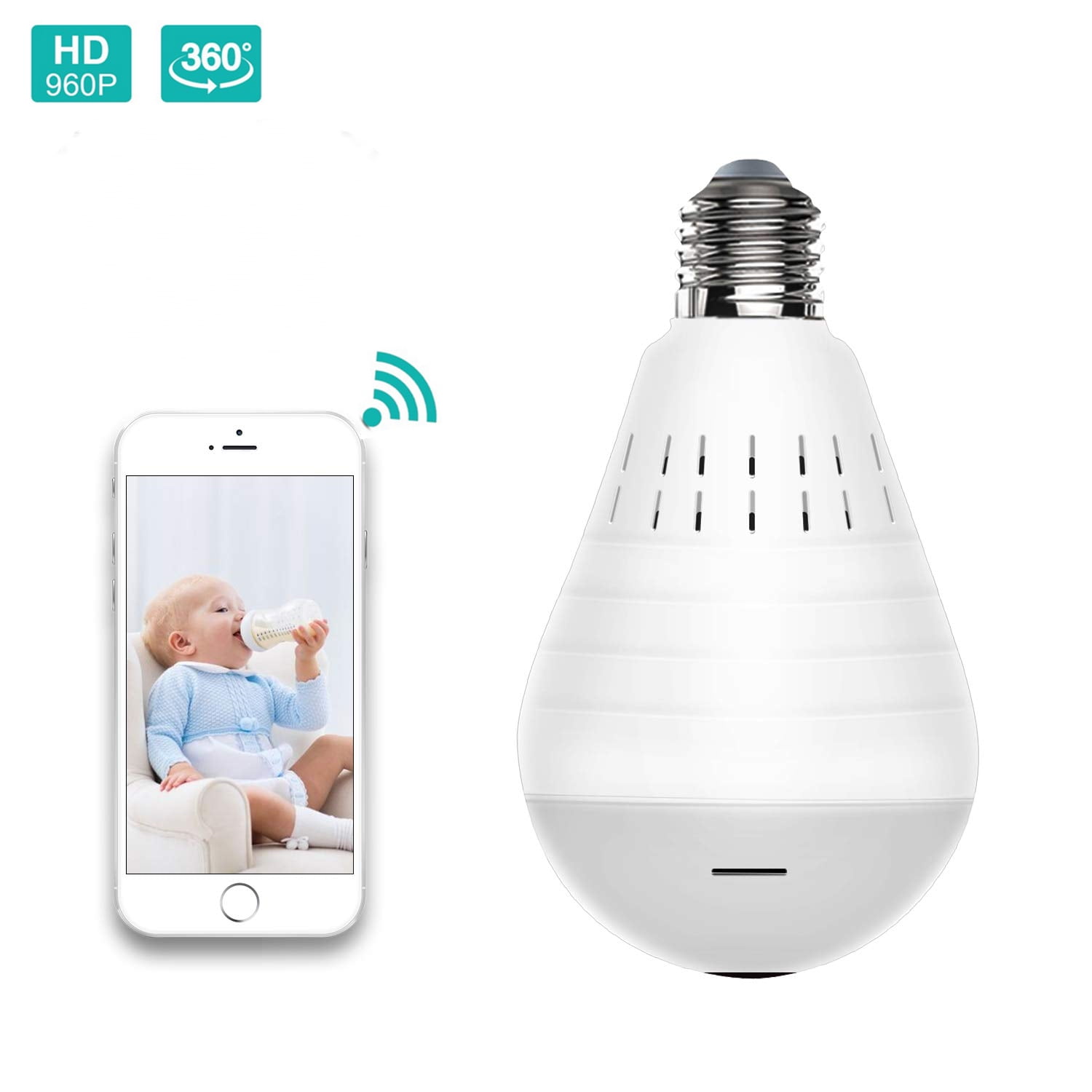 WiFi Light Bulb Camera, 360 VR Panoramic Wireless Bulb Security Camera, Remote Baby Pet Monitor Two-Way Audio Night Vision and Motion Detection, Works on iOS/Android Phone