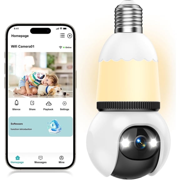 WiFi Light Bulb Security Camera Wireless Outdoor Indoor-2.4&5GHz Dual Band WiFi, 2K Full-Color Night Vision, 360 Pan-Tilt, Motion Detection, Two-Way Audio, Siren Alarm