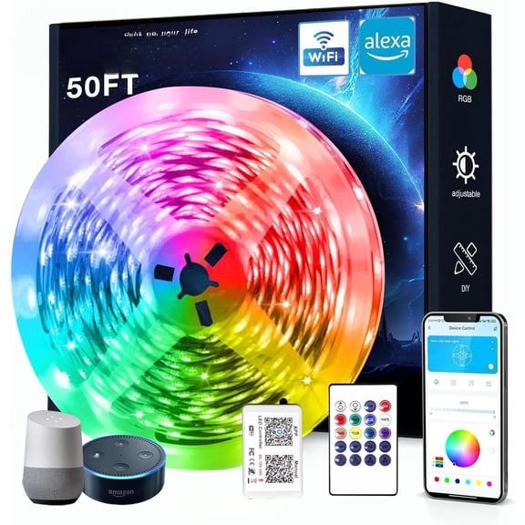 WiFi Lights, 50 FT Strip Lights Compatible with Alexa and Assistant, App Voice Remote Control Music Sync Color ChangingLED Strip Lighting for Room Decor