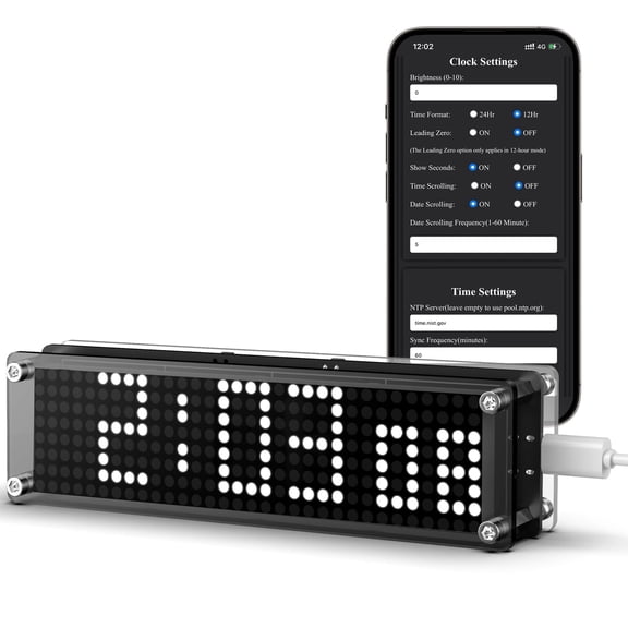 WiFi Matrix Clock with Time Sync,Smart Clock with Custom Sync Frequency,Easy Configuration,Time Zone Settings,Web-Based Setup,White