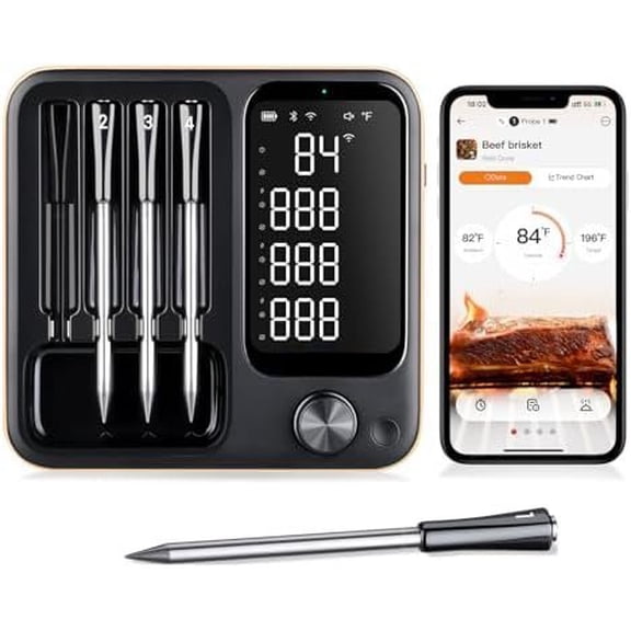 WiFi  Meat  with 360?Readable LCD Standalone Base,4 Probes Digital  Meat  with Remote Control for BBQ, Grill, Oven, , Rotisserie, Kitchen