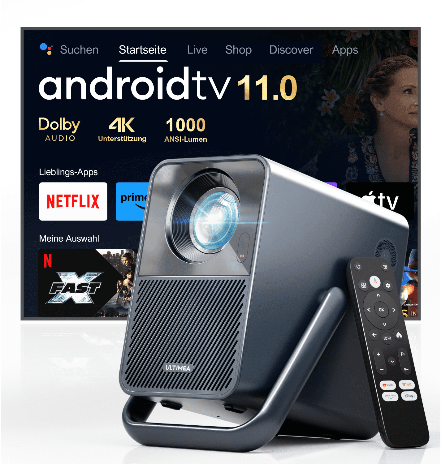 ULTIMEA Projector 4K Supported Smart Projector With Android TV, Netflix Certified, 1000 ANSI Lumens Projector Native 1080P, Dolby Audio, Home Theater Outdoor Projector, Poseidon E40