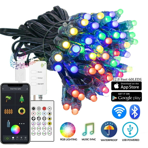 WiFi RGB Color Changing Smart LED Christmas Lights - Bluetooth, WiFi, Google & Apple APP Christmas Tree Lights - Changes Colors, Animation, and More - 32.8 Feet