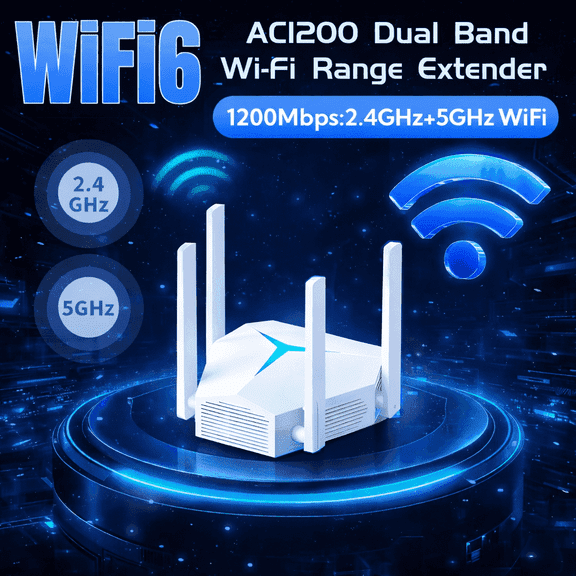 AC1200 Dual Band WiFi Range Extender - WiFi Booster with 4 External Antennas & MIMO Tech, 3 Modes (Repeater/AP/Router), Type-C Powered, Plug and Play Easy Setup for Home Office, White.
