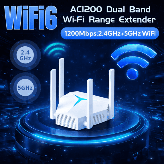 AC1200 Dual Band WiFi Range Extender - WiFi Booster with 4 External Antennas & MIMO Tech, 3 Modes (Repeater/AP/Router), Type-C Powered, Plug and Play Easy Setup for Home Office, White.