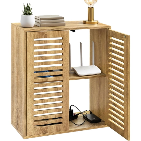 WiFi Router Storage Cabinet, Floor Standing Router Storage Box, White Oak | Multi-Functional Router Storage Box, Power Strip and Cable Management Hider Organizer for Living Room, Office, Bedroom