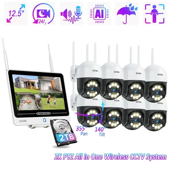 WiFi Security Camera System with 12.5" LCD Monitor, ZOSI 3MP 8CH WiFi Security Camera System 2TB Hard Drive, 8pcs 360°View PTZ WiFi Outdoor Camera with Two-Way Audio, AI Human Detection