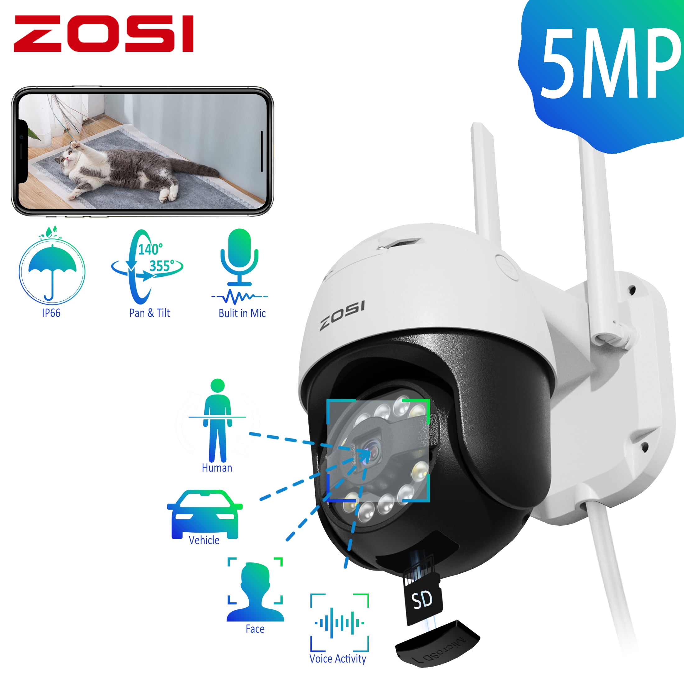 WiFi Security Cameras with Two Way Audio, ZOSI 5MP Outdoor Smart IP Camera for Home Security, AI Person Detection,5X Digital Zoom, Waterproof, Color Night Vision, Cloud & SD Card Storage