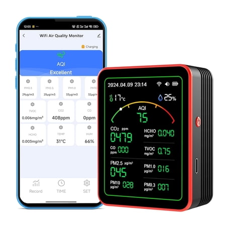 WiFi Indoor Air Quality Monitor, 15-in-1 CO2 PM2.5 PM10 TVOC HCHO AQI Meter, Temp & Humidity, Tuya Smart Life App, 2000mAh Battery