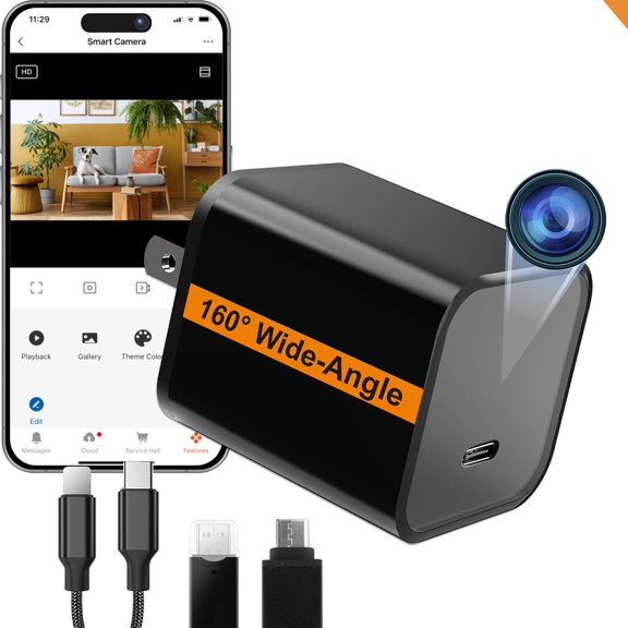 WiFi Smart Camera Charger - Remote View - 2.4G/5G WiFi - Premium HD 1080P - Best Mini Camera for Pets Nanny - Real Time Monitoring - Wide-Angle 160 - iOS Android