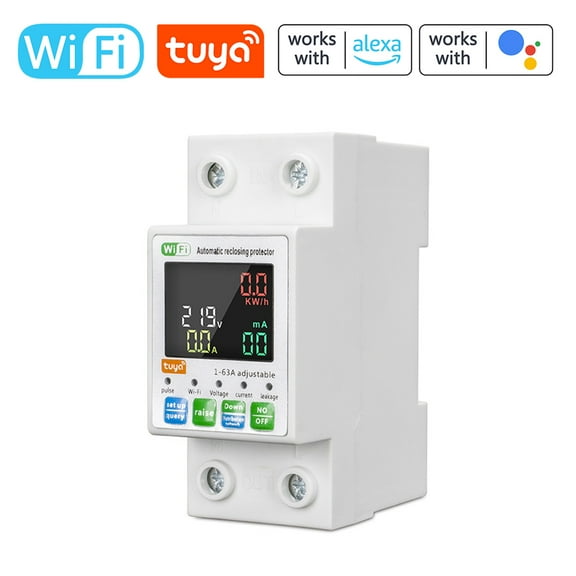 WiFi Smart Circuit Breaker with Backlit Single-Phase Energy Meter, Auto-Reclosing Protector, LCD Display, Supports APP Remote Control, Over/Under Voltage, Over-Current and Leakage Protection