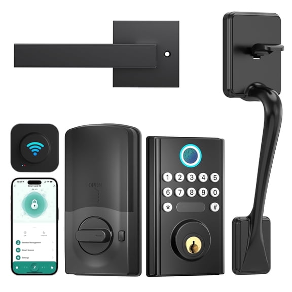 Keyless Entry Door Lock with Handle, Fingerprint Smart Door Lock with WiFi, Keypad & App Control for Front Doors