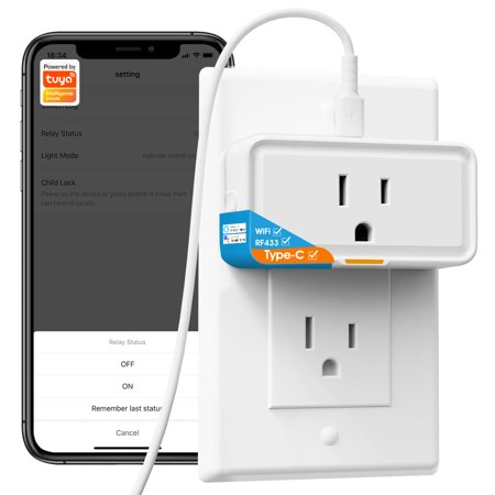 WiFi Smart Plug with USB C Port, 15A/3000W Mini WiFi Plug Compatible with Alexa, Google Home,Smart Socket with RF433/APP Control Timer,2.4G WiFi Only, RoHS,CE & FCC Certified (with USB C, 1PCS)