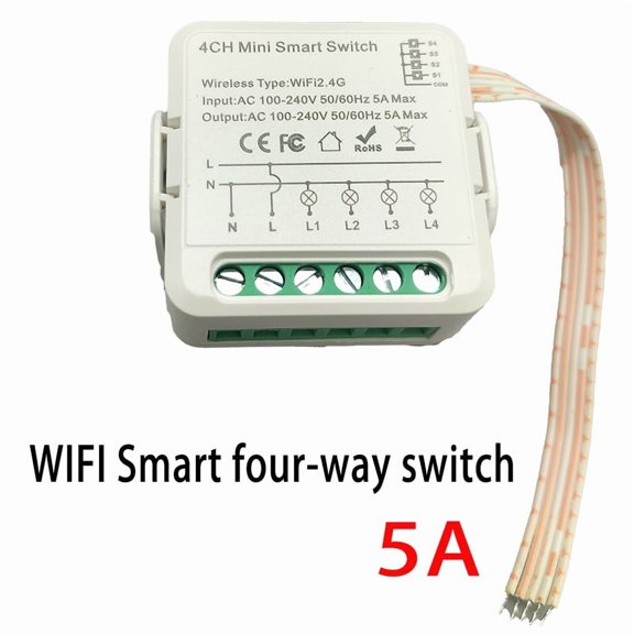 WiFi Smart Switch Light Switch, Compatible with Alexa/Google Home, APP Remote Control, Voice Control, DIY Mode, Timer Function, LAN Control, No Hub Required, 4Way 5A