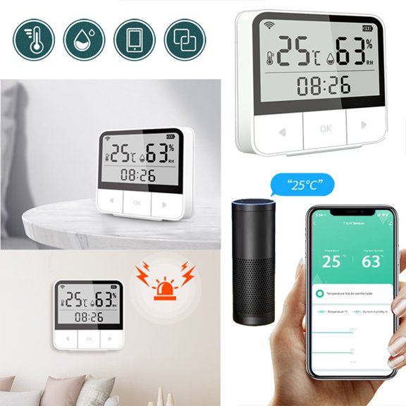 WiFi Smart Thermometer Hygrometer, LCD Display, Tuya App Compatible, Temperature Humidity Sensor, Historical Data, Alarm, for Home Greenhouse