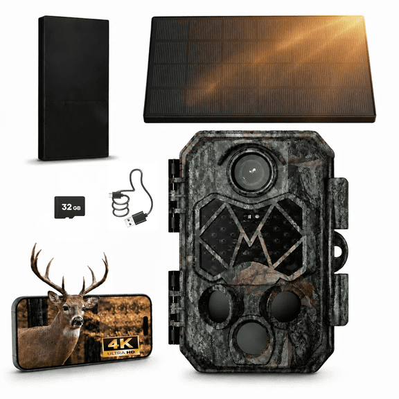 WiFi Solar Trail Camera 4K 64MP, 10000mAh Battery, IP66 Waterproof, No Glow Night Vision