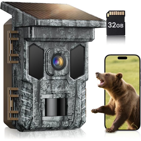 WiFi Solar Trail Camera, Rechargeable 4K 64MP Cam with Night Vision Motion Activated Waterproof IP66, 0.1s Trigger Game 850nm Low Glow Infrared LEDs, 32GB SD Card